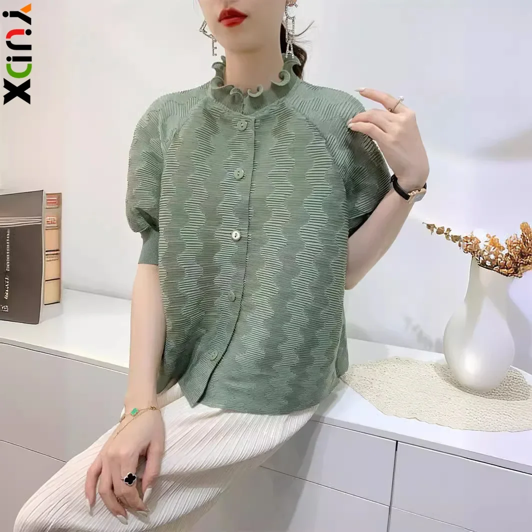 

Женский однотонный жаккардовый плиссированный топ Miyake, удобная повседневная однобортная модная дизайнерская куртка с рукавами-фонариками, лето 2024