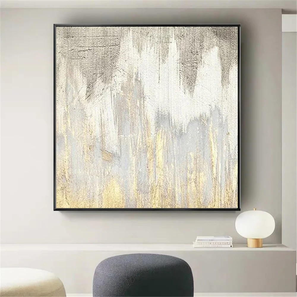 

Handmade Large Square Modern Oil Painting Abstract Porch Gold Foil Landscape Art Picture Living Room Background Wall Decor Mural