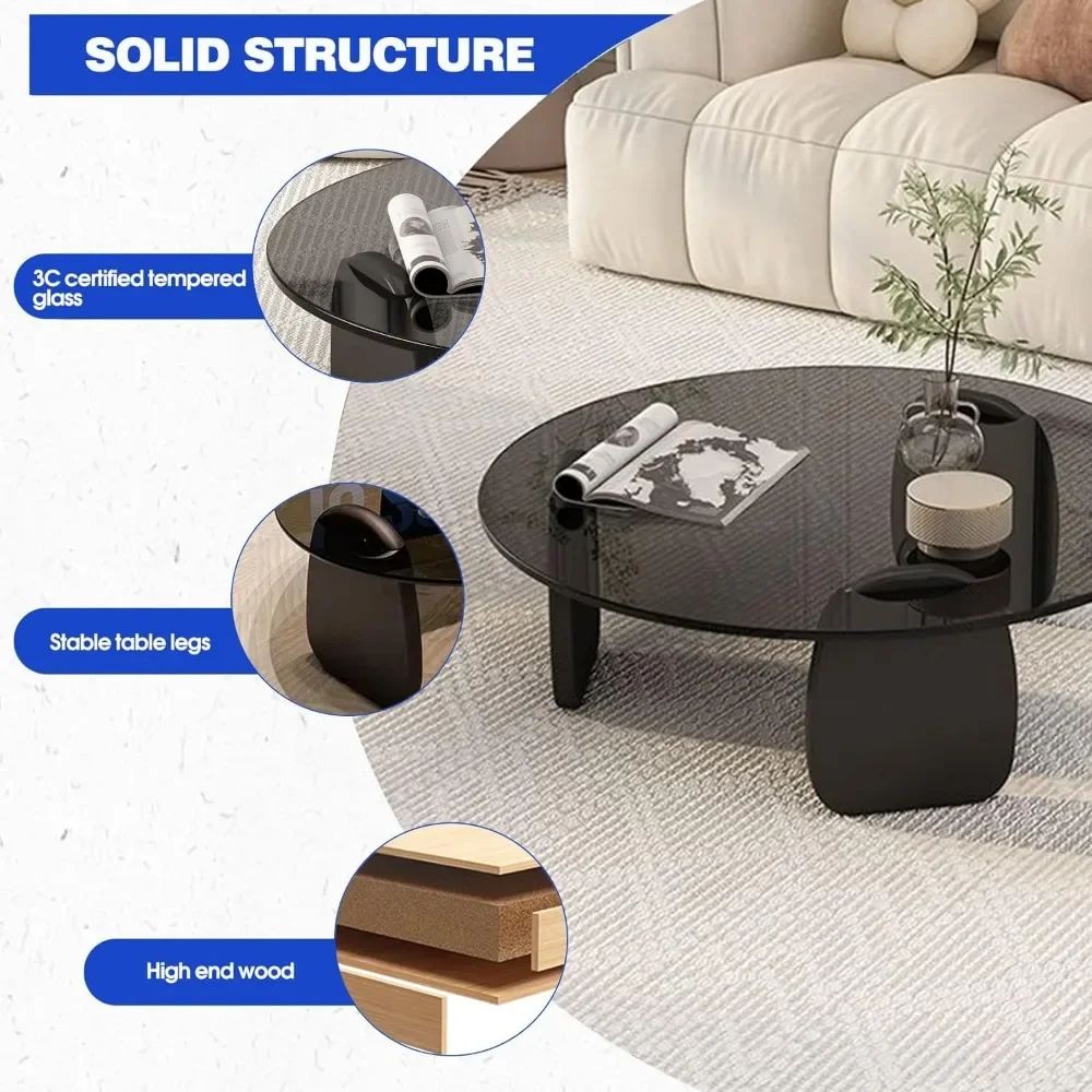 Coffee Tables, Glass Coffee Tables for Living Room Accent Coffee Side Tea Table with Natural Wood Frame 4