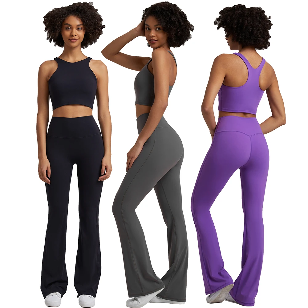 Naked Feel Yoga Set Workout Outfit for Women 2 Piece Padded Racerback Crop  Top High Waist Flare Leggings Sets Gym Clothing - AliExpress