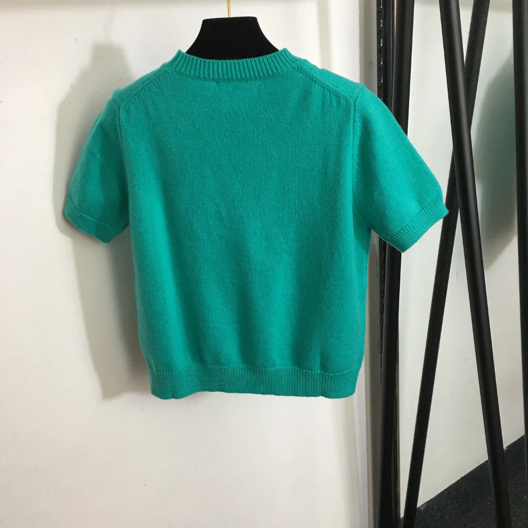 

2023 Autumn Women's New Chest Letter Embroidery 100% Cashmere Round Neck Short Sleeve Pullover Knit Top