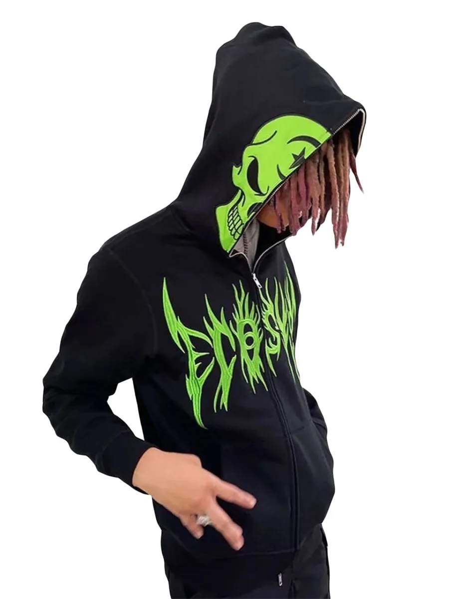 Fluorescent Green Skull Pattern Clothes Teens Streetwear Oversized Anime Hoodie  Men Harajuku Zip Sweatshirt Y2K Punk Clothing - AliExpress