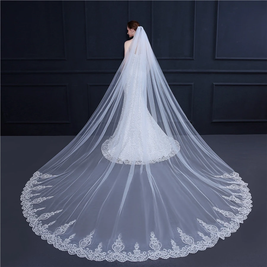 

New Arrival One Layer bride veil Lace Appliqued Cathedral wedding veils for women wedding Accessoirre voile long mariage sposa