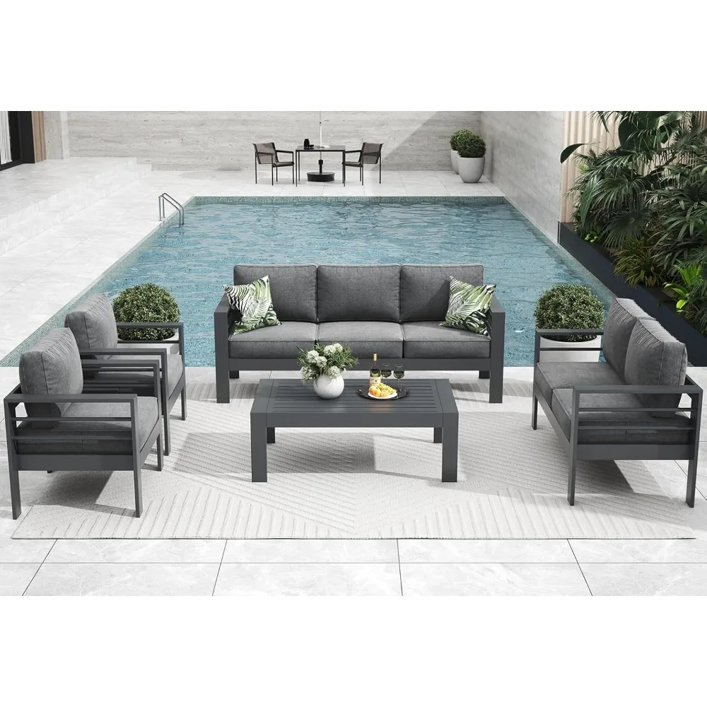 5 Pieces Modern Aluminum Patio Furniture Set, Outdoor Metal Sectional Sofa with Coffee Table - Stylish & Durable Conversation 3