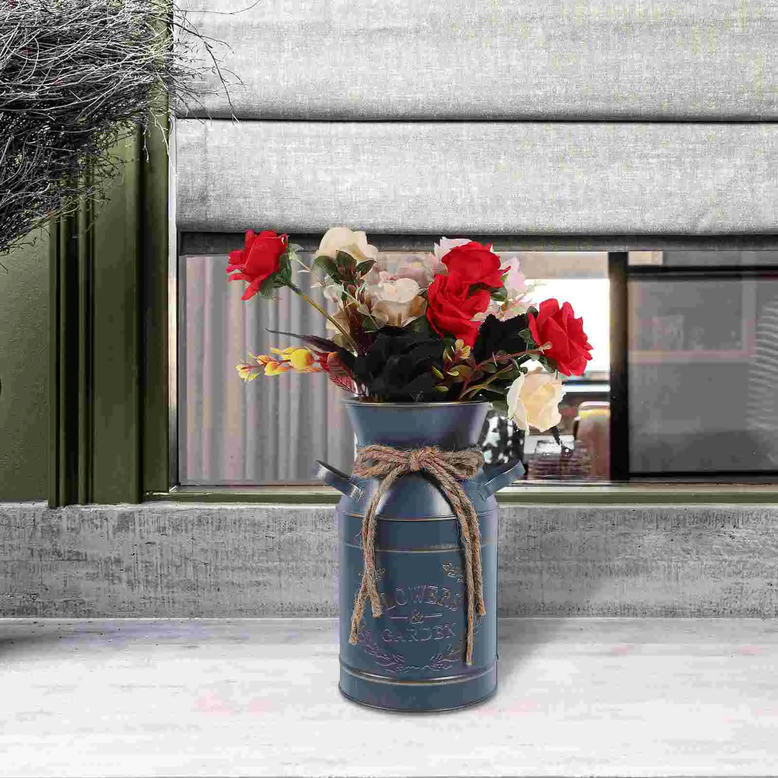 Vintage Metal Flower Vase Galvanized Milk Can Shabby Chic Flower Bucket Farmhouse Plant Pot Handle Flower Arrangement Barrel 4