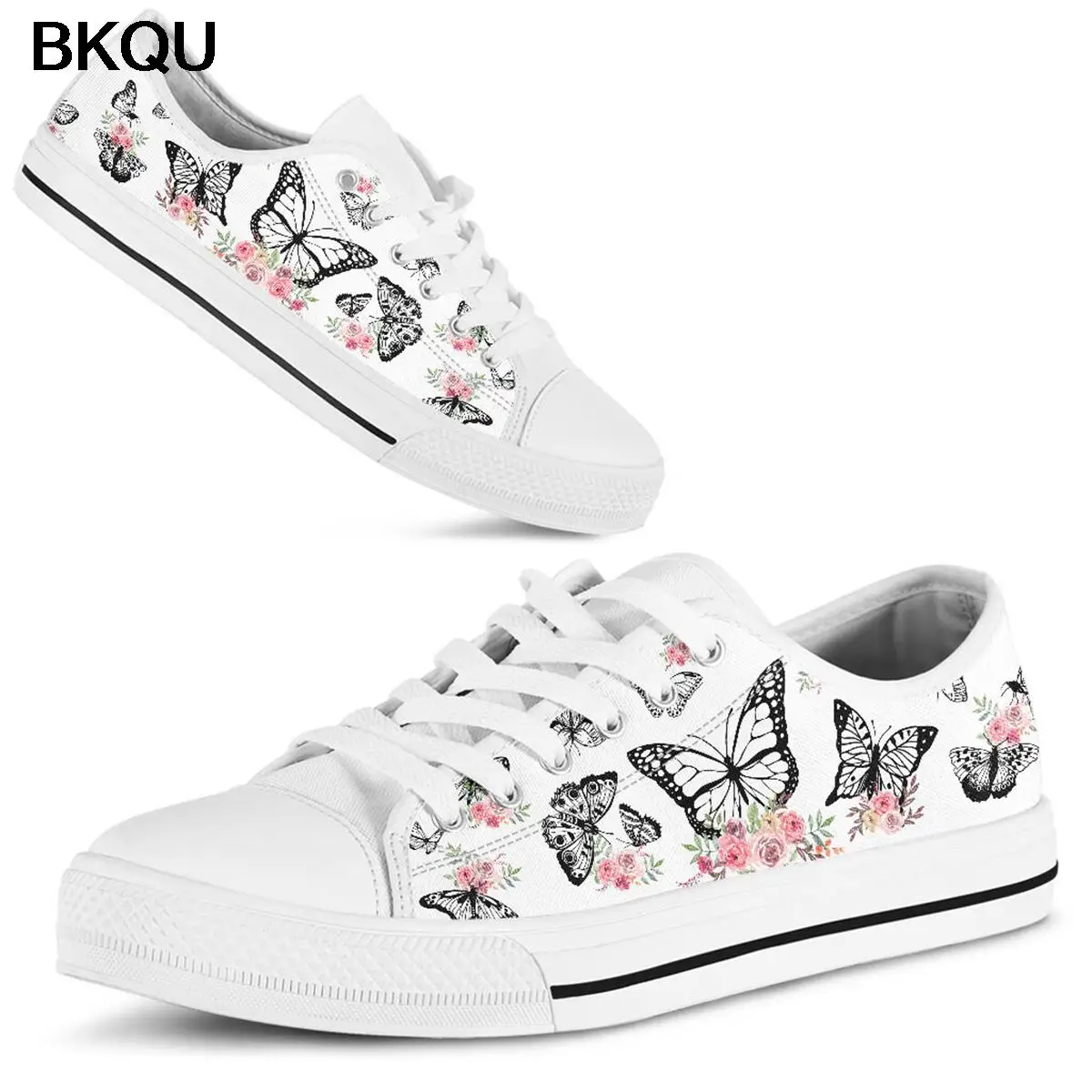 

BKQU Women Breathable Shoes New Light Lace up Flat Ladies Sketch Butterfly Casual Shoes White Canvas Sneakers
