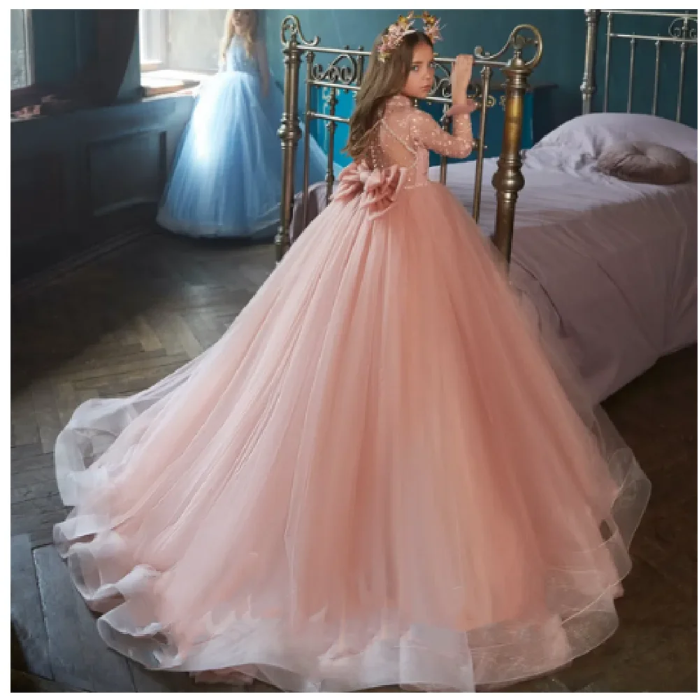 

Dreamgirl Tulle Layers Satin Belt Flower Girl Dresses Long Sleeves Lace Applique Girl A Line Party Dresses