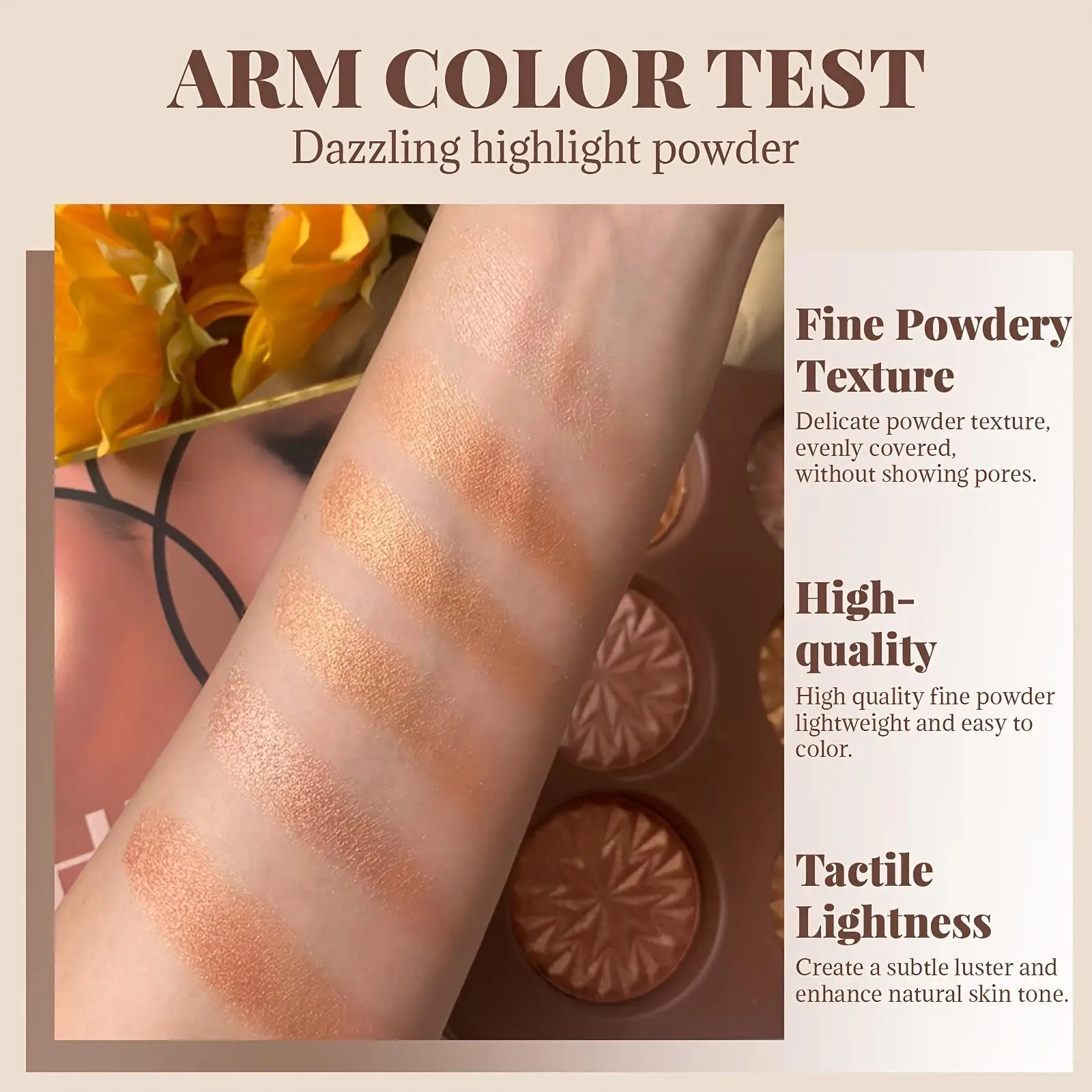 6-Color Highlighter Palette – Deep-toned shimmer pressed powder for an all-over face glow. Full-coverage face makeup with lumino