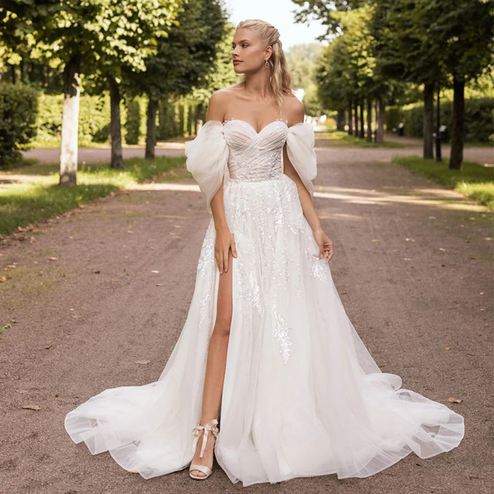 

Sweetheart Wedding Dress Tulle Lace Appliques Gillter Organza Off The Shoulder A-Line Side Slit Bridal Gowns Sweep Train Custom