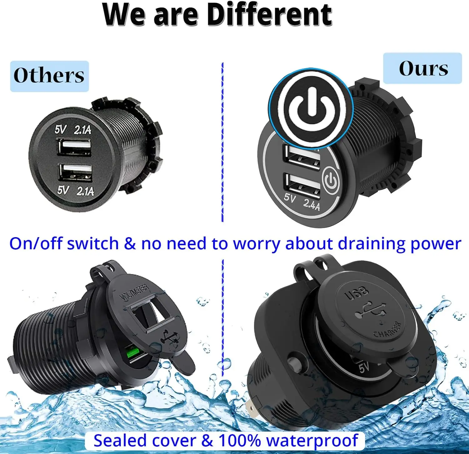 5V 4.8A 듀얼 USB 차량용 충전기 방수 12V/24V USB 고속 충전기 소켓 전원 콘센트 터치 스위치