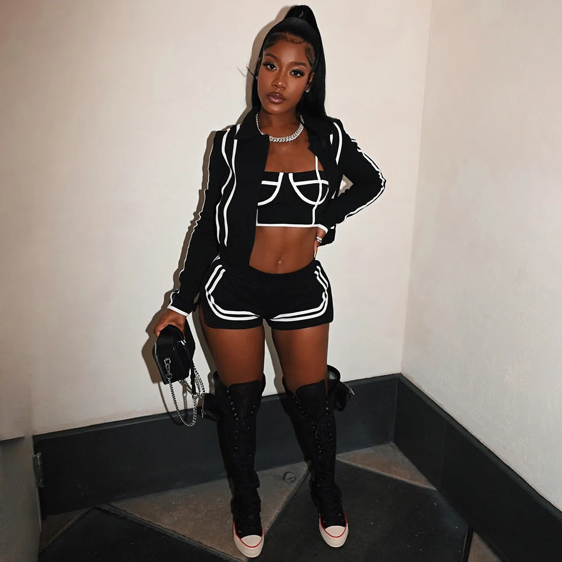 Black Sexy Going Out 3 Piece Set Off Shoulder Crop Tops and Shorts Leggings Clubwear Baddies Outfits Trendy Women Summer Clothes
