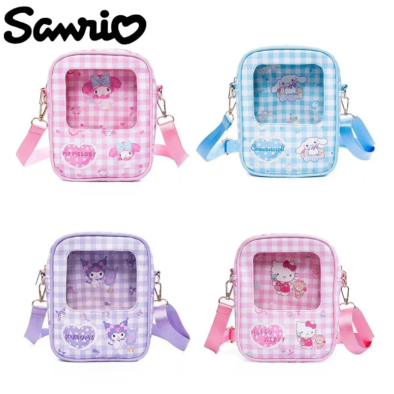 

Sanrio Hello Kitty Shoulder Bag Cartoon Plaid Leather Waterproof Casual Crossbody Bag Zipper Purse Simple Messenger Bag for Girl