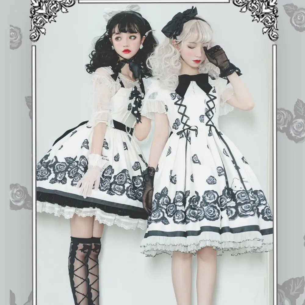 

Vintage Rose Gothic Dark Lolita Sweet Soft Girl Tea Party Fairy OP JSK Daily Princess Dress Women's Summer Bowknot Ruffles Dress