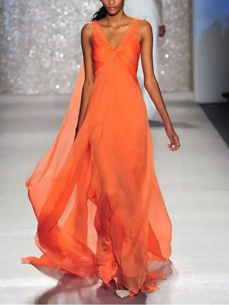 

Sexy Hollow Sleeveless Party Dresses 2023 Fashion V-neck Mesh Long Dress Elegant Solid Women High Waist Trailing Evening Dress