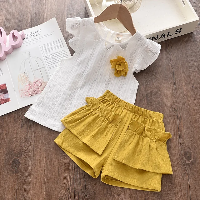 Bear Leader Girls Clothing Sets 2022 Summer Kids Clothes Floral Chiffon Halter+Embroidered Shorts Straw Children Clothing AZ780 Yellow