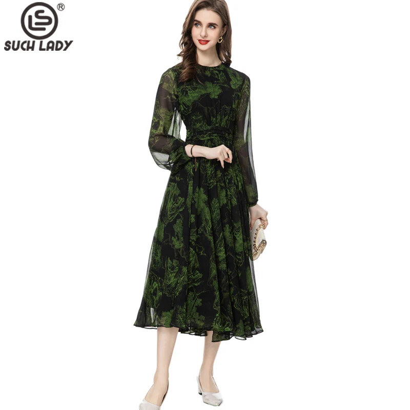 

Women's Runway Dresses O Neck Long Sleeves Printed Ruched Waist Fashion Designer Mid Vestidos