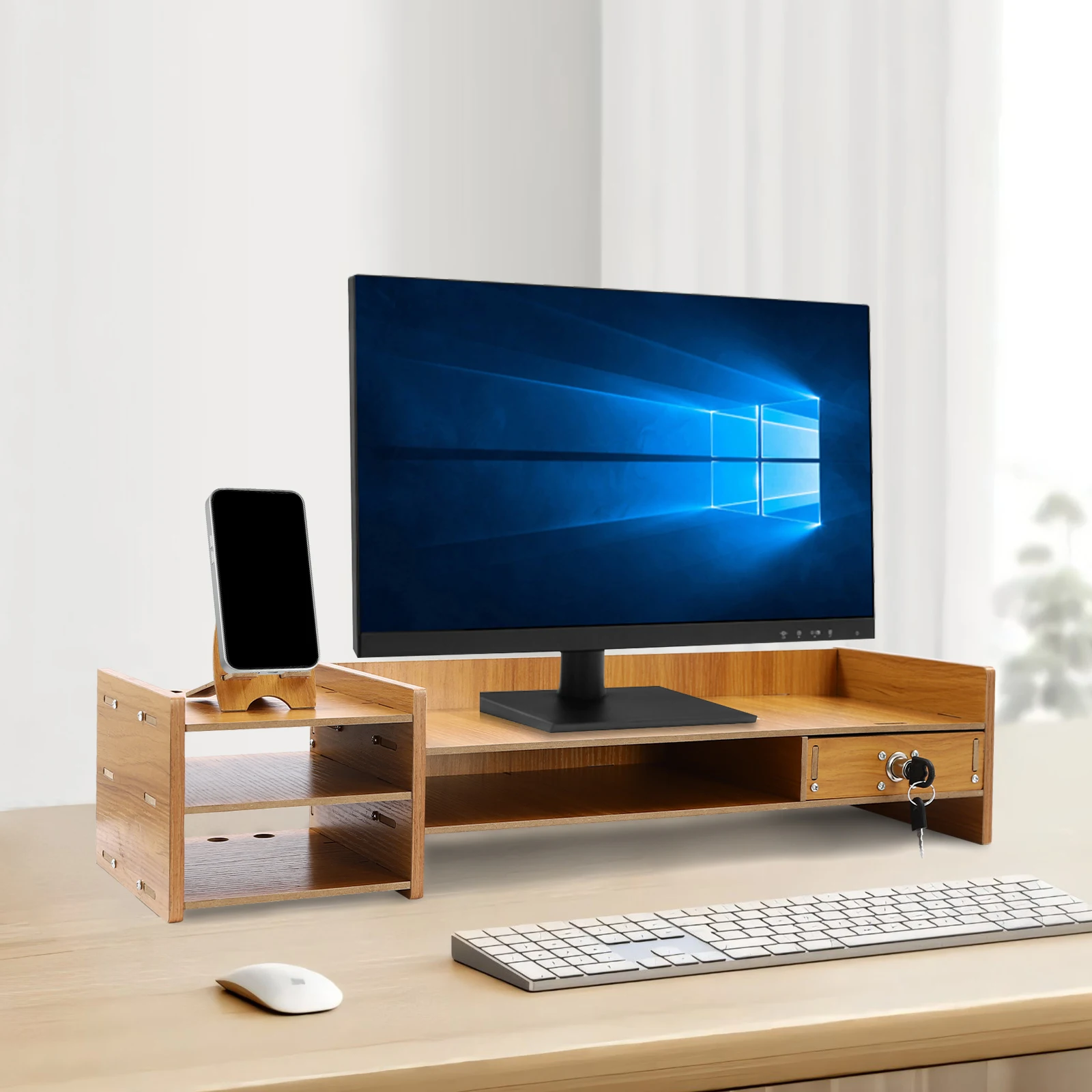 Wood Desk Organizer Home Office Desktop Storage Drawer Computer Holder With Lock 5