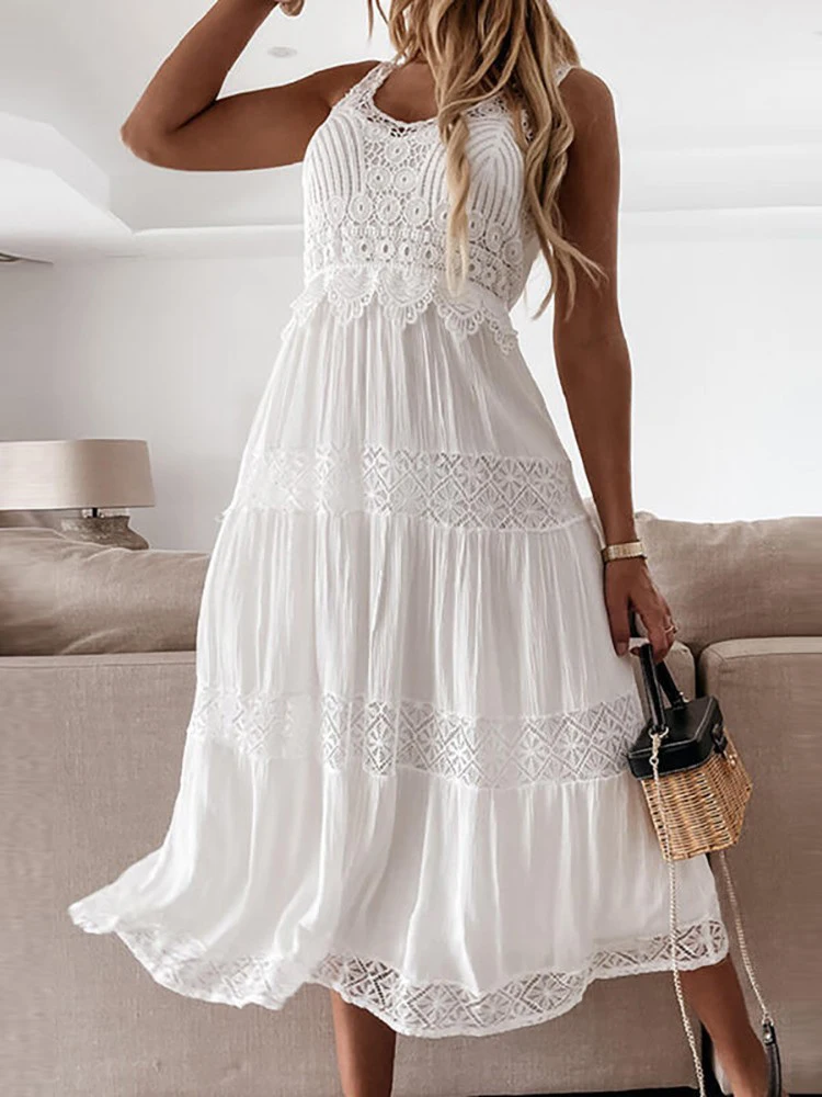 Laço branco vestidos de verão feminino elegante sexy sem mangas sem costas  midi vestido moda romântico cinta de espaguete a linha vestido de praia -  AliExpress