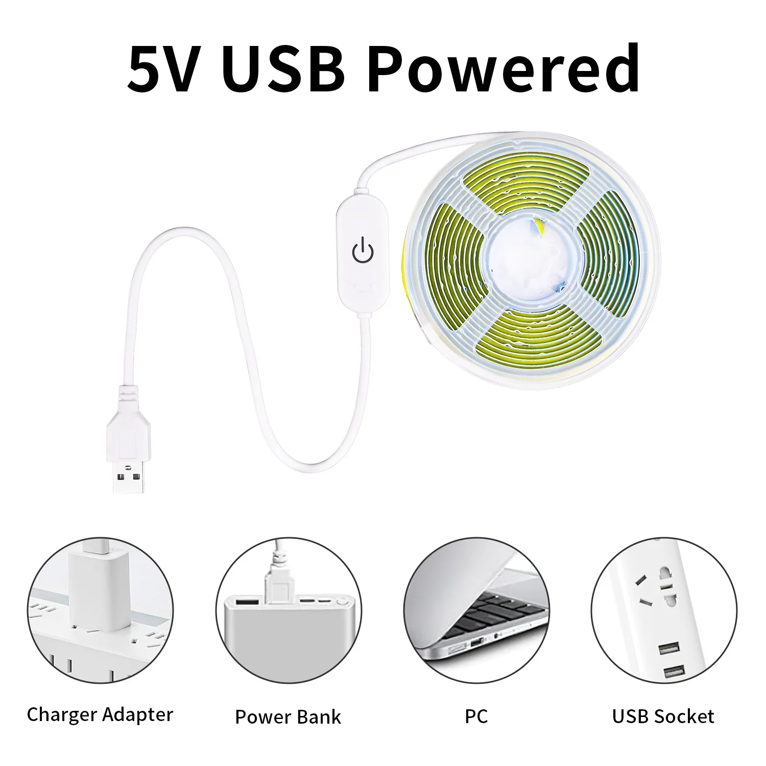 5V COB LED 스트립 라이트 터치 디머 320LEDs/m 유연한 LED 테이프 DIY TV 배경 거울 주방 선형 홈 실내 조명