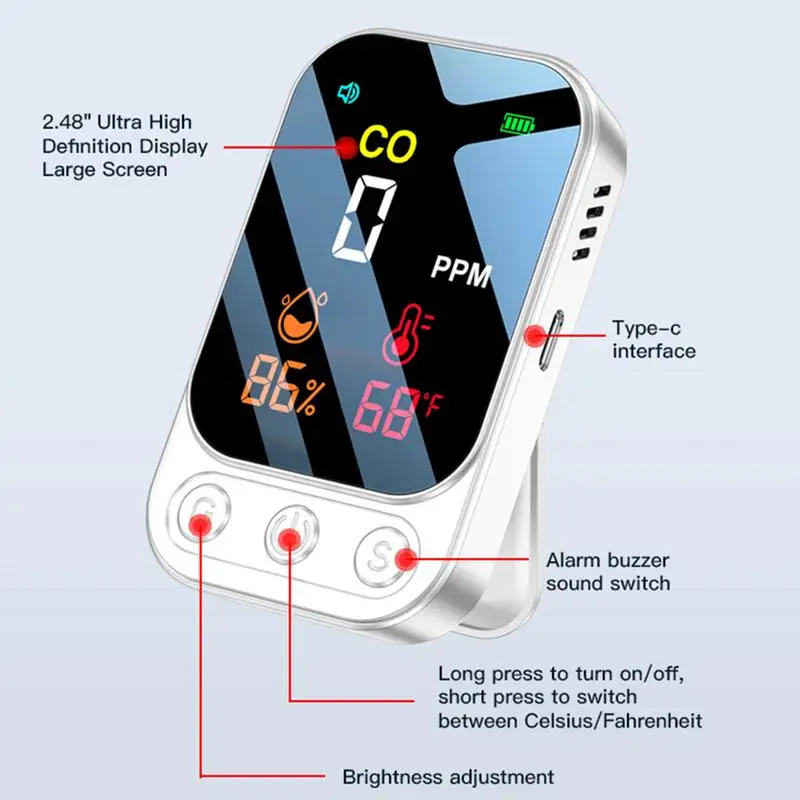 

Carbon Monoxide Detector CO Air Quality Portable Monitor Rechargeable 1000mAh CO Alarm Camping Tent Alarm with Color HD Screen