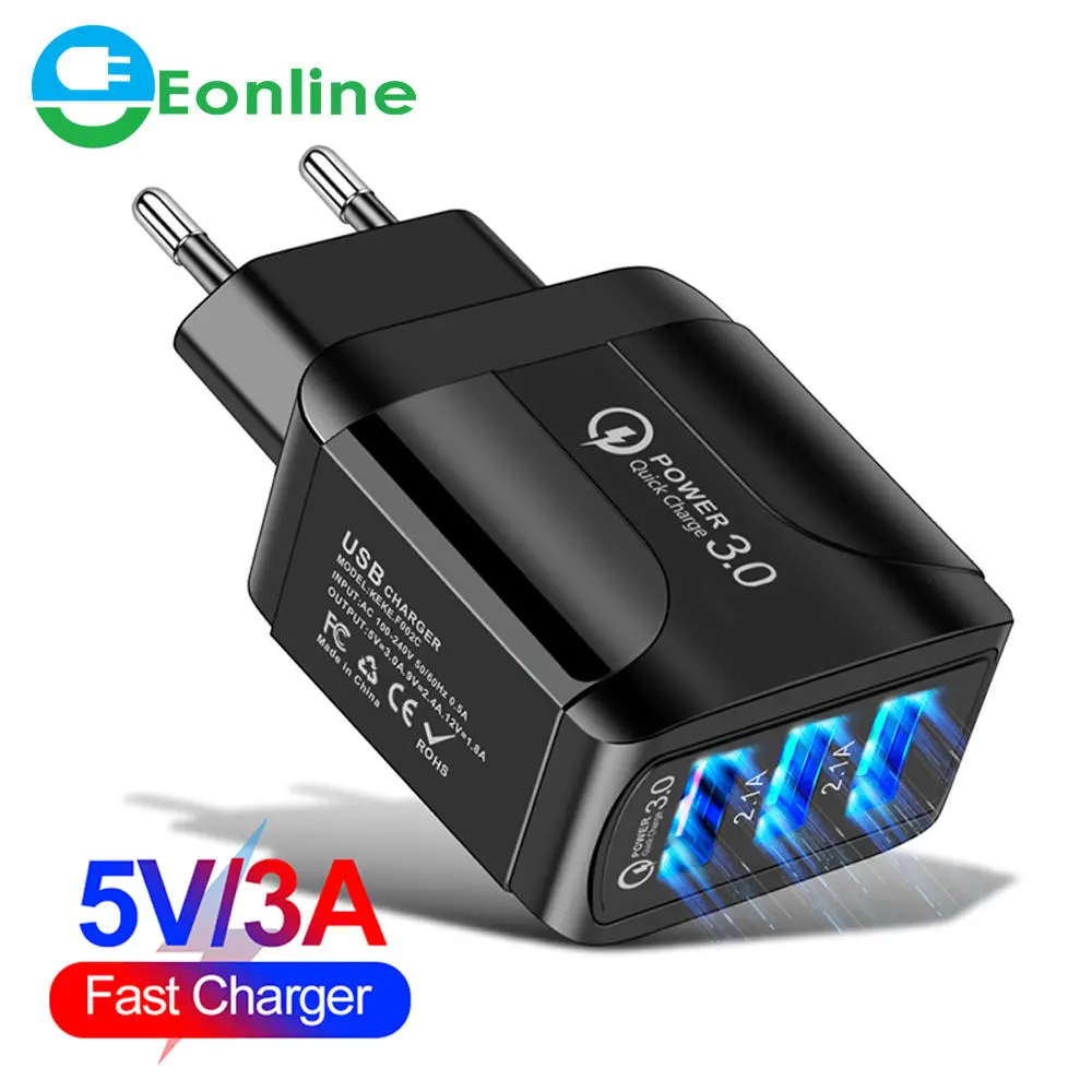 

Eonline USB Charger 3A Quik Charge 3.0 Mobile Phone Charger For iPhone Samsung Xiaomi 3 Port Fast Wall Chargers UK/EU/US Plug