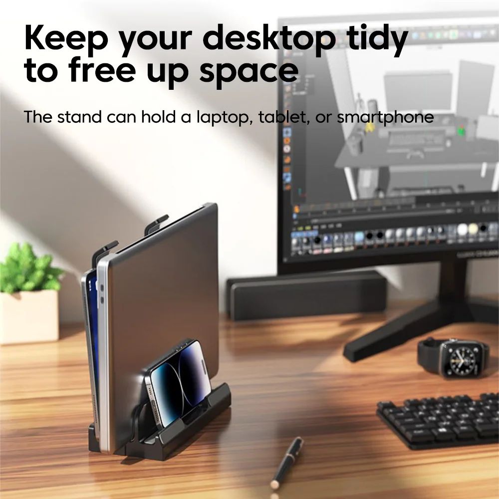 노트북 수직 이중 용도 보관 스탠드 노트북 태블릿 스마트폰용 실리콘 보호 패드 홀더가 있는 조절 가능한 노트북 스탠드
