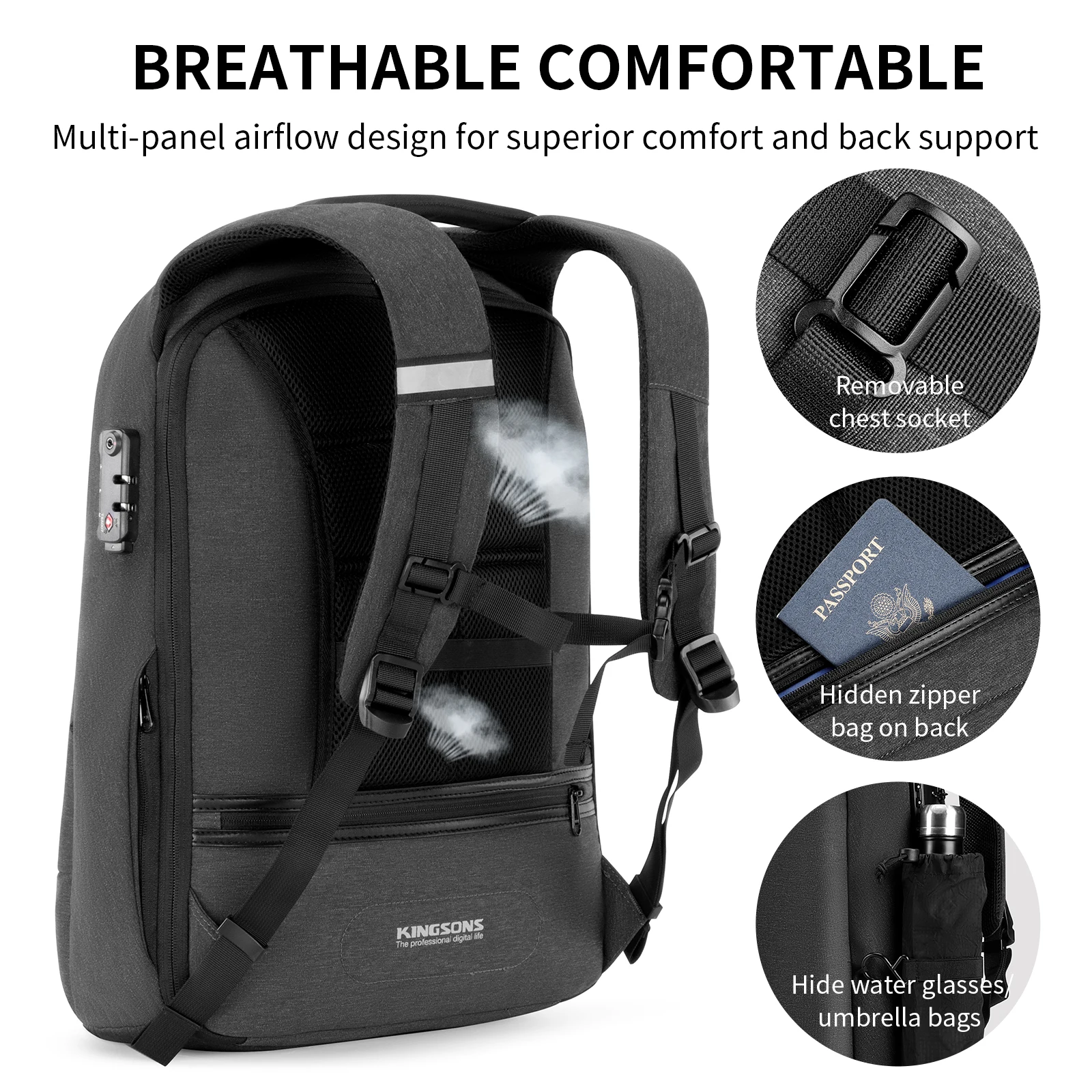 Kingsons 15 17 inch Laptop Backpack Men Multifunction Waterproof Business Laptop Backpacks USB Charging Bags Anti-theft TSA Lock