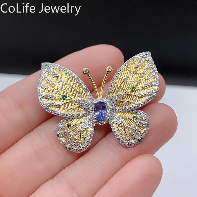 

Vivid Butterfly Brooch for Party 4mm*6mm VVS Grade 0.5ct Natural Tanzanite Brooch 925 Silver Taznanite Jewelry with Gold Plating