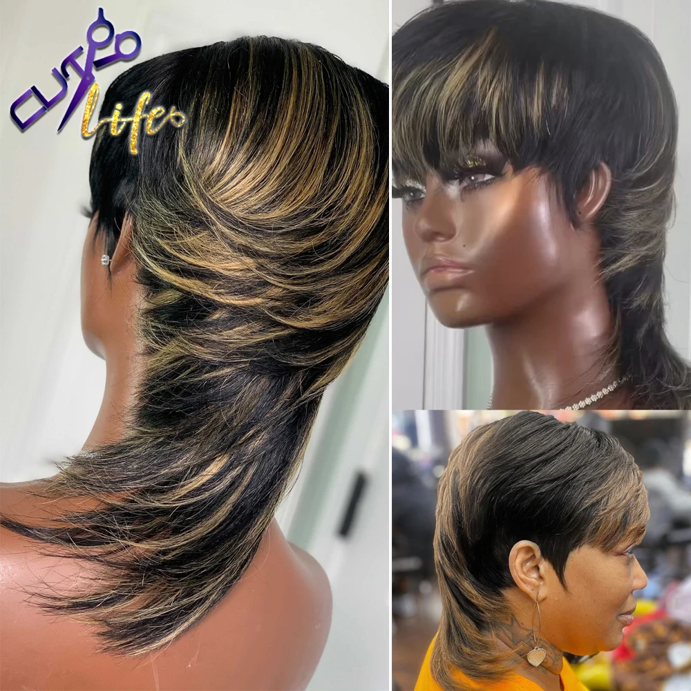 Short Pixie Cut Wigs Wear And Go Full Machine Wig With Bangs Dovetail Straight Highlight Blonde Remy Human Hair Mullet Wigs