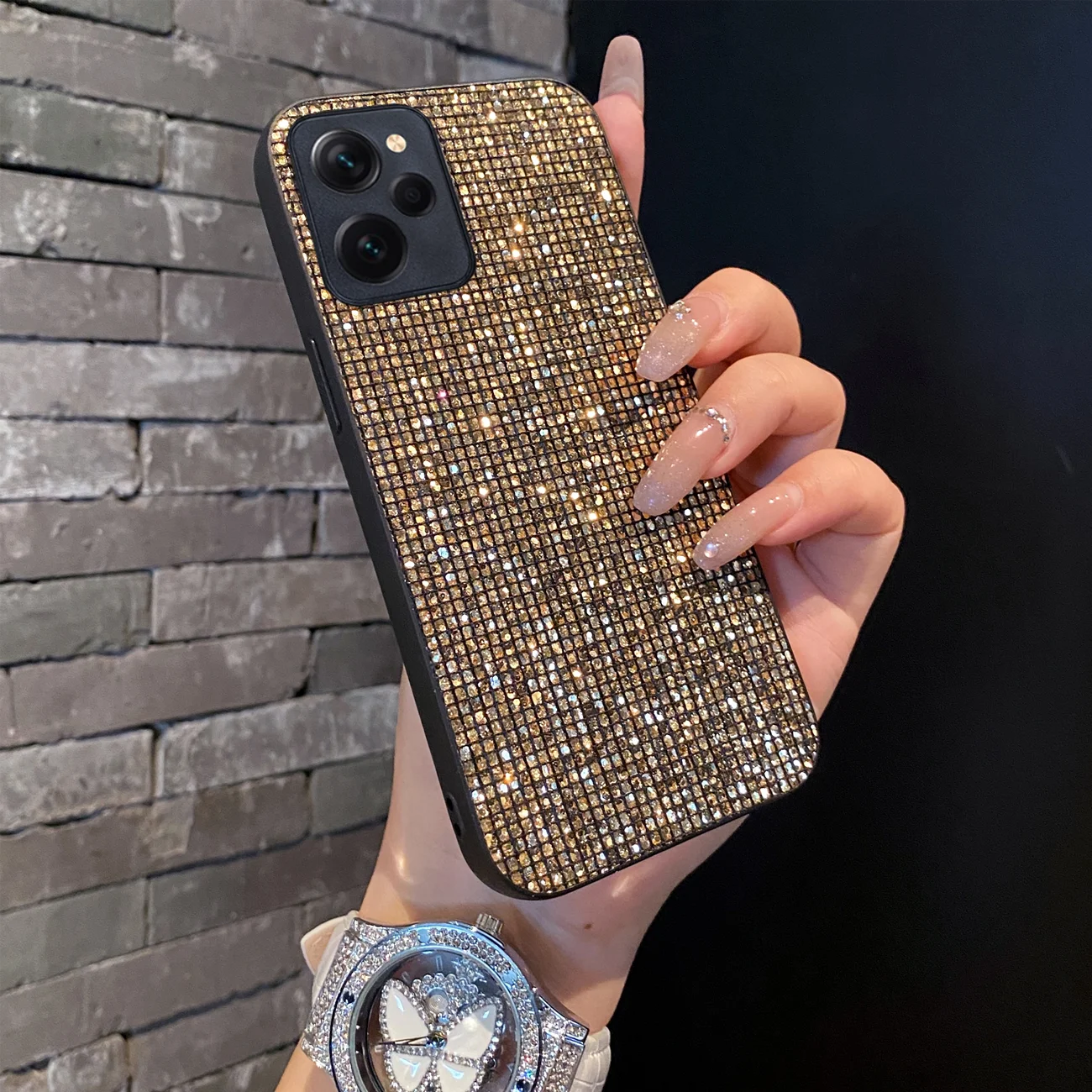 Luxury Shiny Gold Grid Pattern Fashion TPU Shockproof Glitter Phone Case