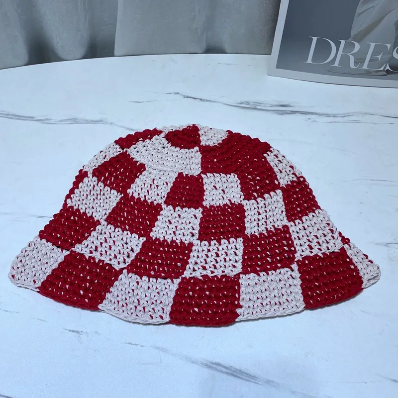 Women Knitted Lattice Fisherman Hat Handmade Crochet Color Matching Basin Hat Spring and Autumn Knitted Sunscreen Sun Hat prada bucket hat womens Bucket Hats