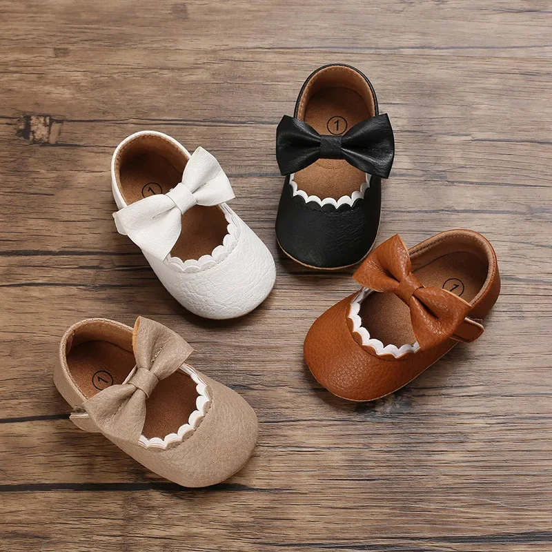 White Apricot Brown Baby Girl Princes Shoes Infant Toddler Bowknot First Walkers Non-slip Rubber PU Soft-Sole Flat Shoes E26 3