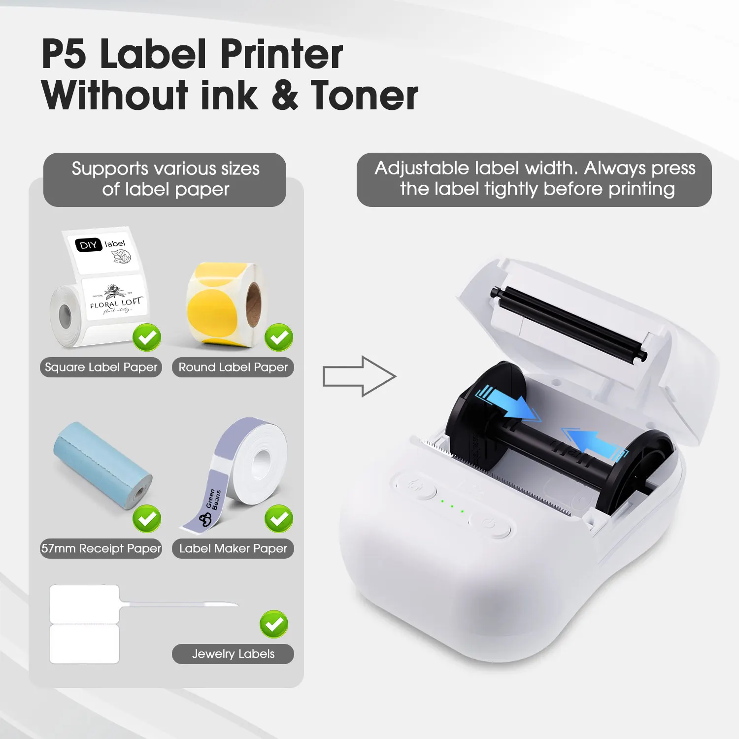 2인치 미니 감열 프린터 잉크 없음 무선 연결 호환 iOS 안드로이드 가정 및 사무실용 케이블 스티커 프린터