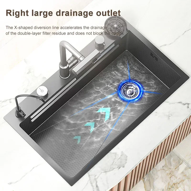 Waterfall Sink Large Single Slot 304 Stainless Steel Kitchen Sink Embossed Washbasin Under The Basin Installation For Kitchen 3