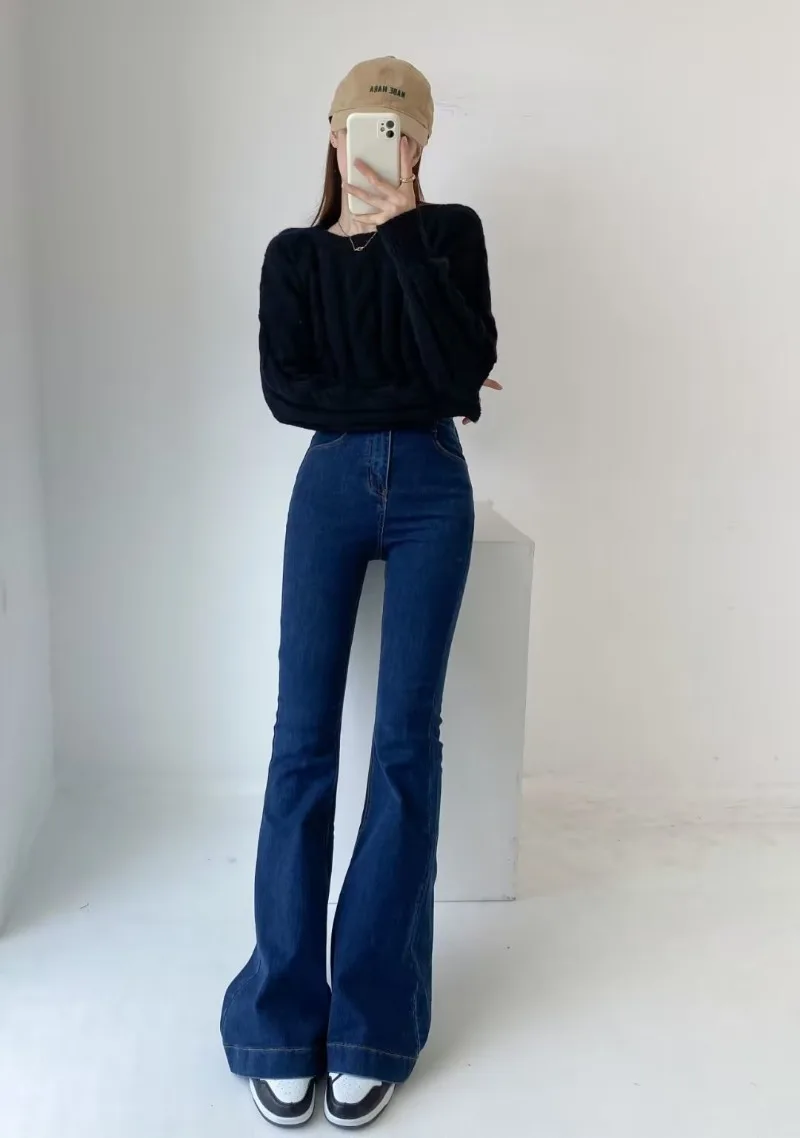 Pantalones vaqueros acampanados de verano para mujer, pantalones vaqueros largos ajustados, pantalones vaqueros elásticos azules de moda Y2K, pantalones vaqueros de cintura alta 2025