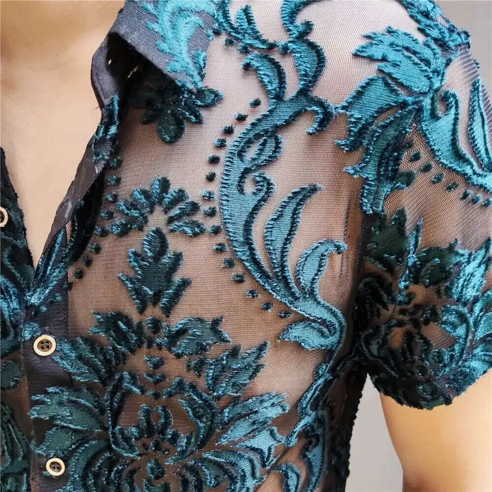 Green High Quality Transparent Floral Shirt Soft Velvet Slim-fit Men's Clothing Nightclub Short-sleeved Sexy Shirt See Through