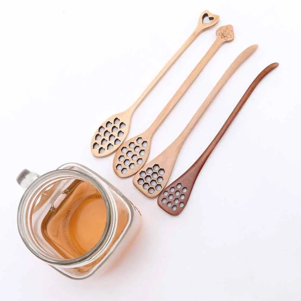 Wooden Spoon Glass Honey Dipper Sticks Wooden Honey Dipper Sever Mixing Stick Spoon Honeycomb Heart Pattern