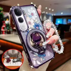 3 - Piece Set: Attractive Flower Phone Case with Lanyard and Stand for Vivo Y100 (IDN) (PURPLE)