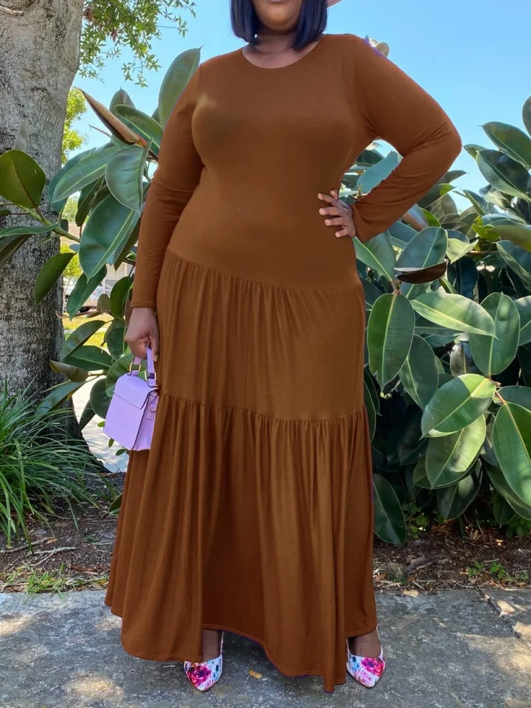 Wmstar Dress Women Wholesale The Fashionable Selling Comfortable Large Sized Round Neck Solid Color Pleated Design Dresses