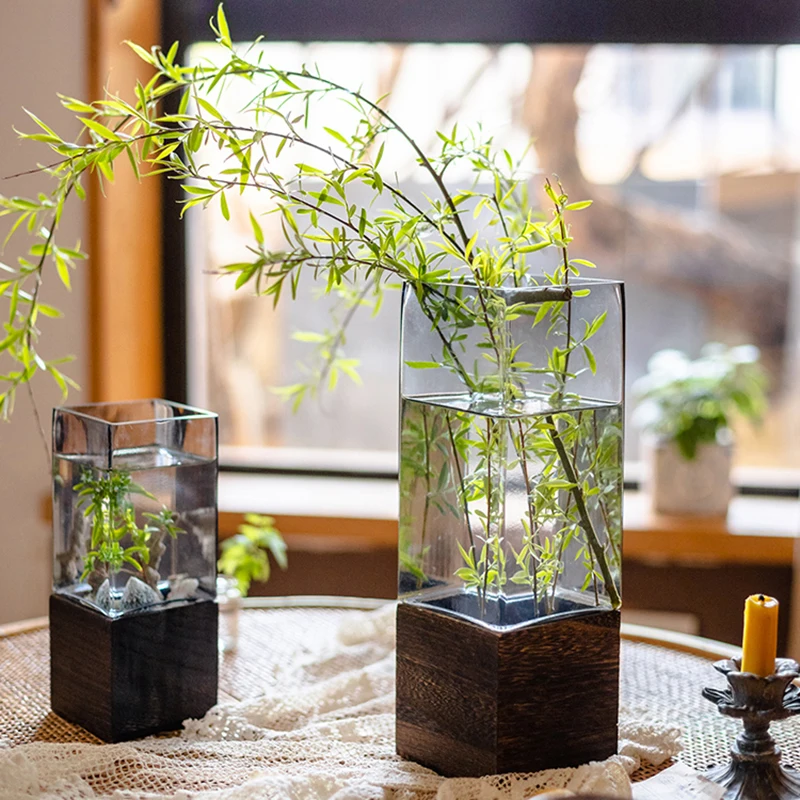 NordicGlassVasewithWoodenBaseFlowerPotPlanterforHydroponic