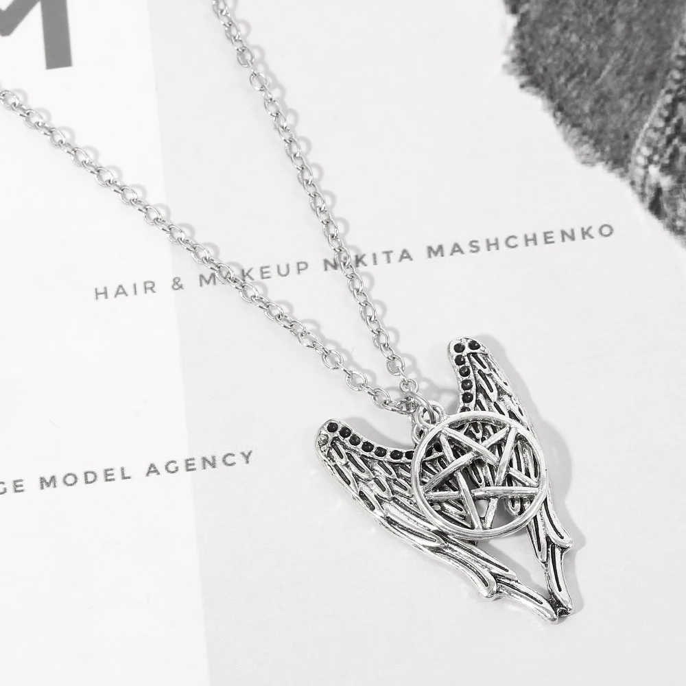Vintage Silver Tone Angel Wings Necklace with Gothic Pentagram Amulet Pendant