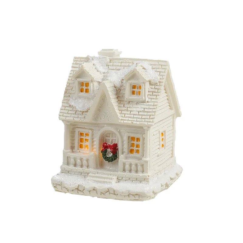 White Resin Snow House Christmas Ornaments with LED Lights for Family Holiday Decoration