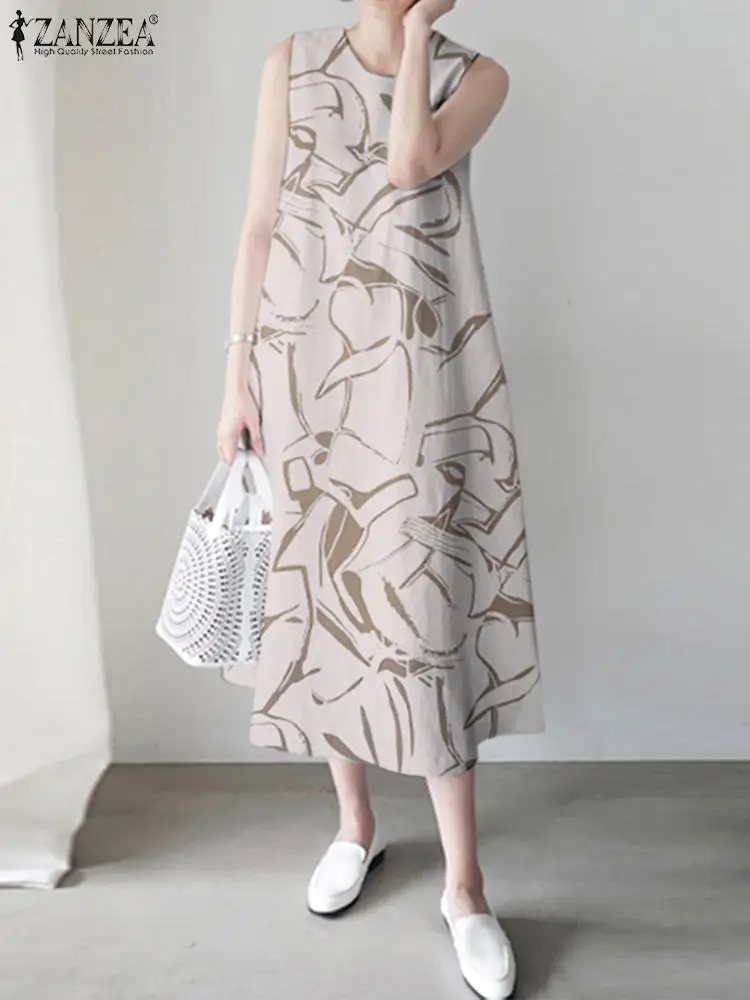 

2024 Summer Holiday Printing Dresses ZANZEA Casual Women Beach Dress Fashion Sleeveless Midi Robe Vintage Round Neck Pocket Robe