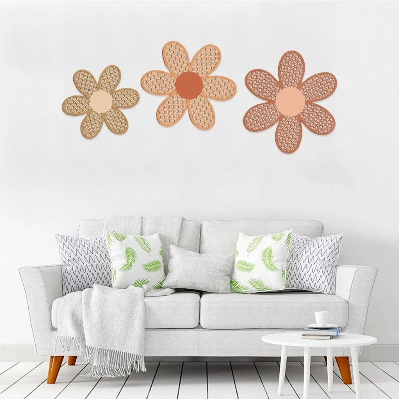 Flower Wall Sign Set of 3 Bohemian Rattan Flower Hanging Plaques for Nursery Living Room Wall Decoration Ornament 4