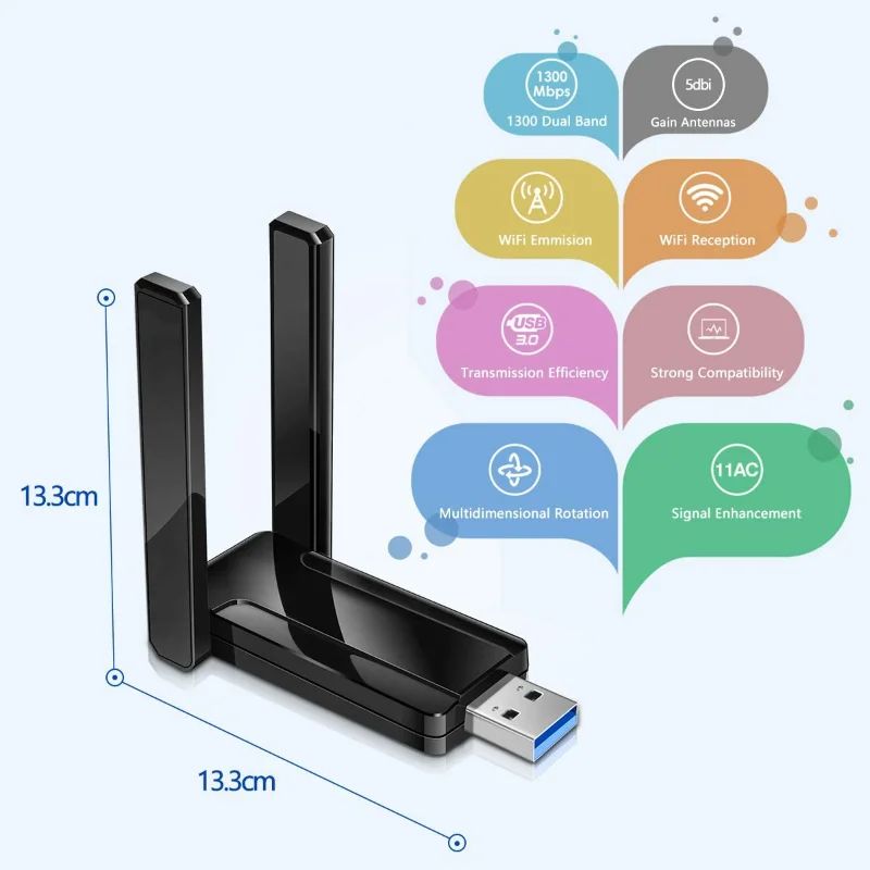 vanter Bordenden geni USB WIFI Adapter Dongle Wireless Network Card Receiver 1300Mbps 5G Dual  Band 802.11ac Wi-fi Antenna Receptor