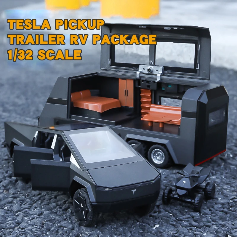 

New 1/32 Tesla Cybertruck Pickup Trailer Alloy Car Model Diecast Metal Toy Off-road Vehicle Truck Model Sound & Light Kids Gifts