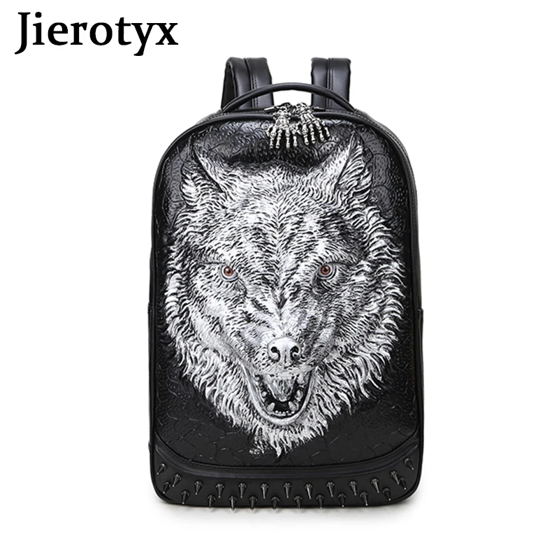 

JIEROTYX 3D Wolf Backpack SteamPunk Rivet Personality Travel Bagpack College High School Bags Bookbag Laptop Bag Women ane Men