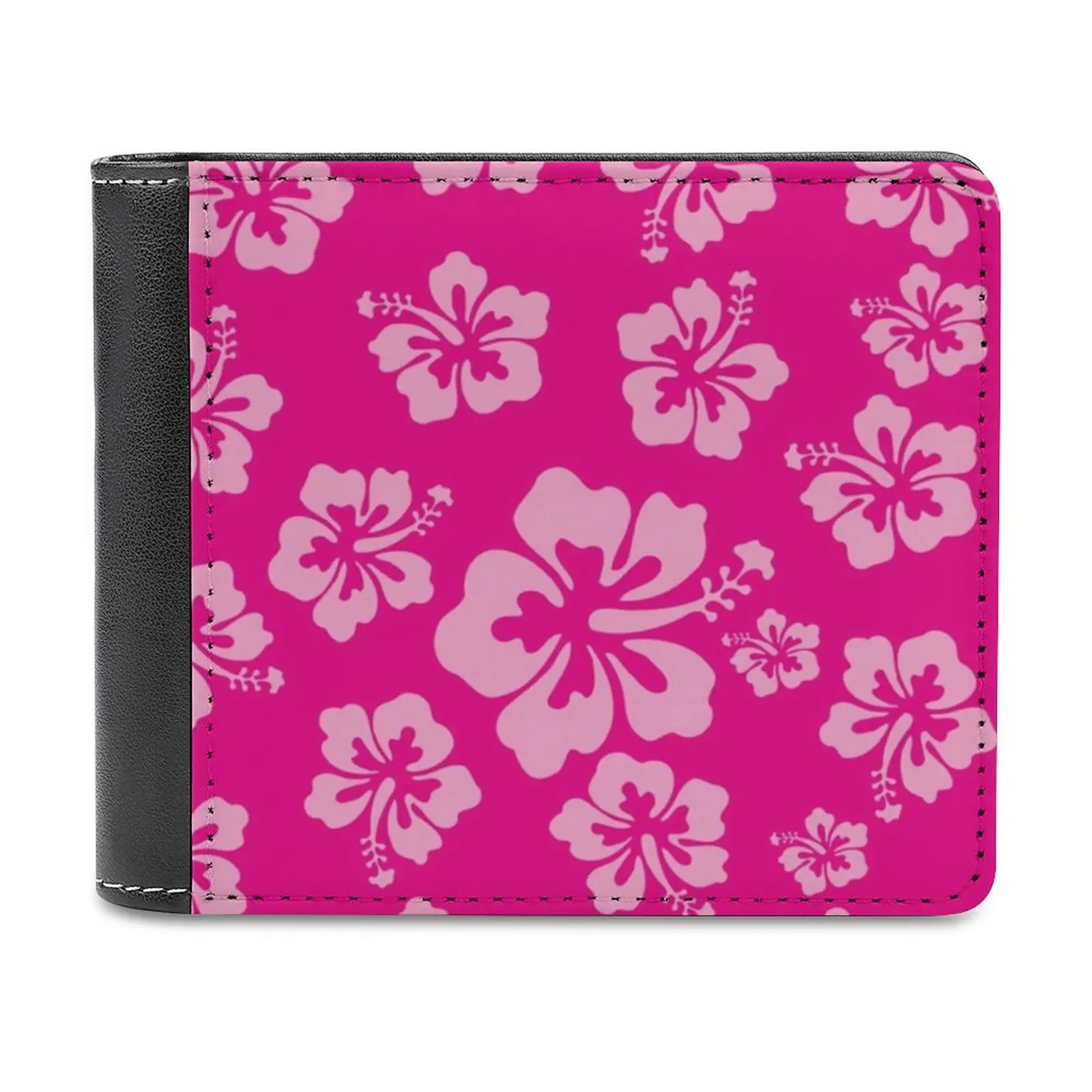 

Tropical Hot Pink Hibiscus Flower Floral Pattern Hawaiian Print Men's Wallet Leather Purse Holder Credit Card Short Wallet