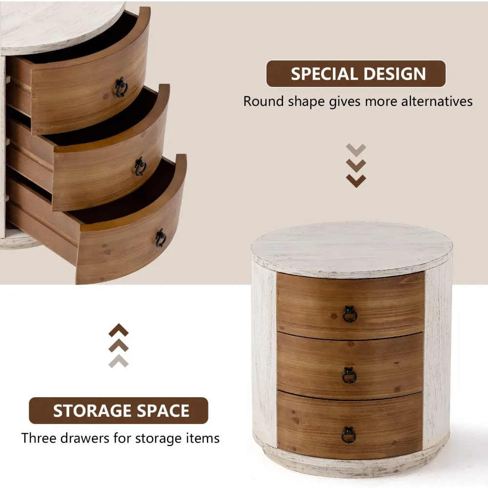 3-drawer wooden storage cabinet, 20" mdf round cabinet with vintage whitewash finish, nightstand with drawer, wooden bedside tab 5