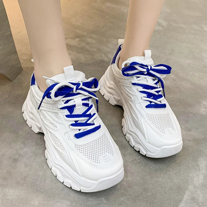 Rimocy Mix Color Lace up Sneakers Women Patchwork Mesh Breathable